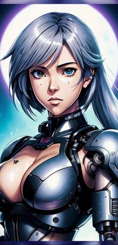 Futuristic cyborg anime character with metallic features and neon background.