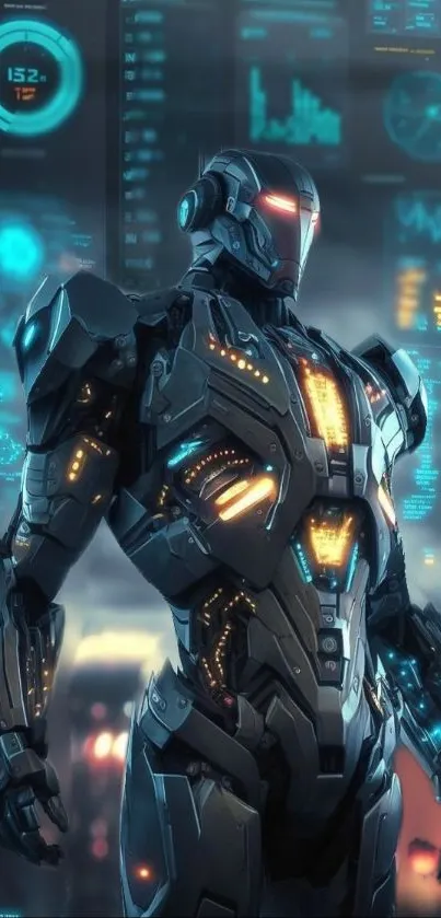 Futuristic cyborg in neon-lit armor with digital screens.