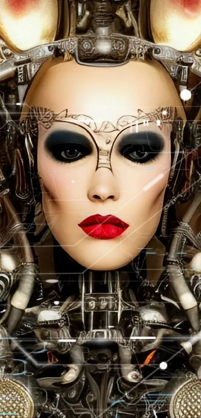 Futuristic cyborg face with intricate mechanical details on a mobile wallpaper.