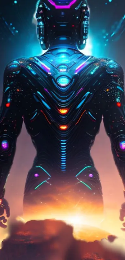 Futuristic cyborg with neon colors and sci-fi theme.