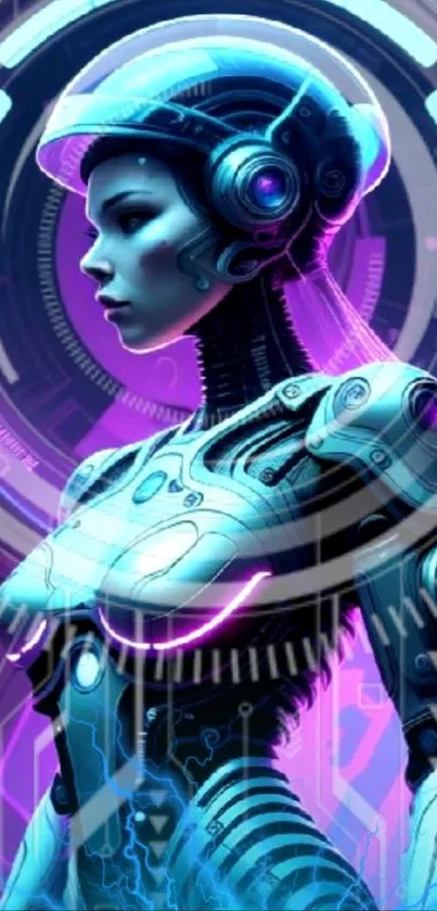 Futuristic cyborg with neon glow in a high-tech setting wallpaper