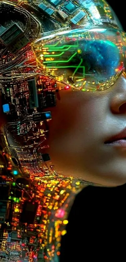 Futuristic cyborg with digital circuits and neon lights on a black background.