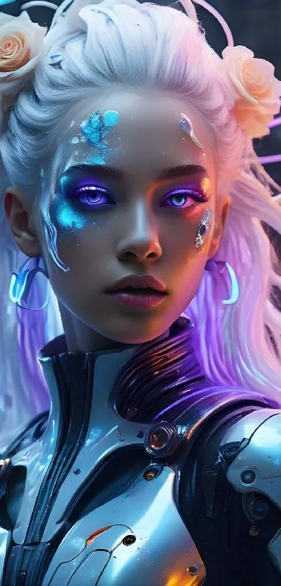 Futuristic cyborg woman with neon accents in a digital art style.