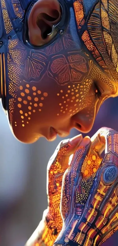 Intricate futuristic cyborg artwork in vibrant orange hues.