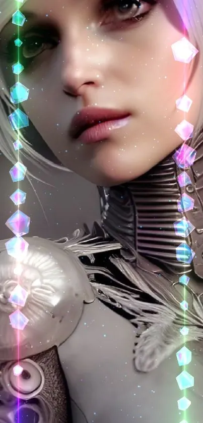 Futuristic cyborg art on phone wallpaper with metallic design.