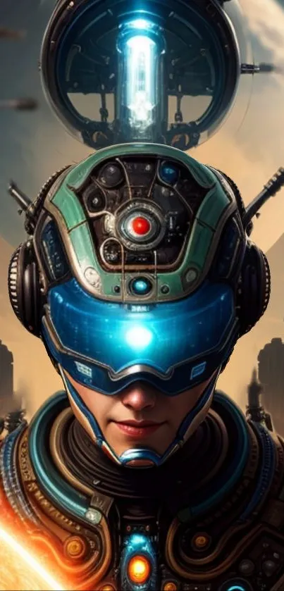 Futuristic cyborg with helmet in a sci-fi setting.