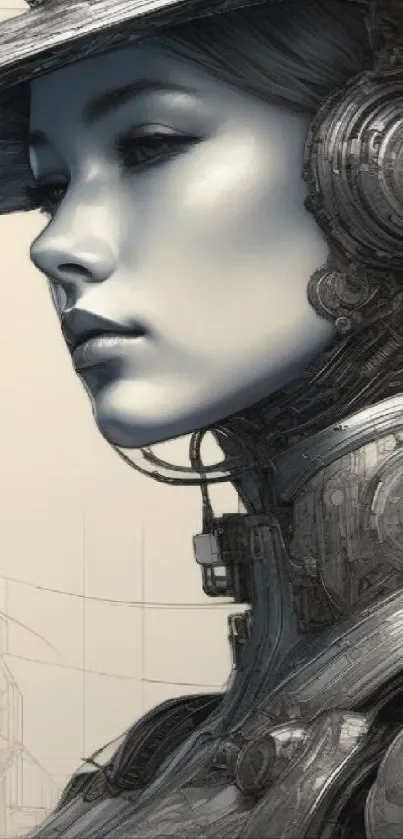 Futuristic cyborg art wallpaper featuring intricate robotic details.