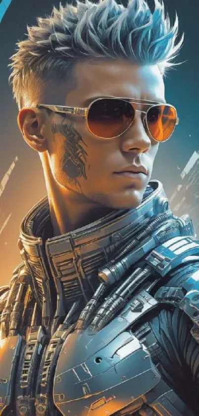 Cyborg hero with futuristic armor and sunglasses in vibrant colors.