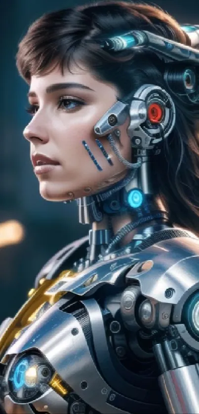 Futuristic cyborg in detailed artwork, blending human and robotic elements.