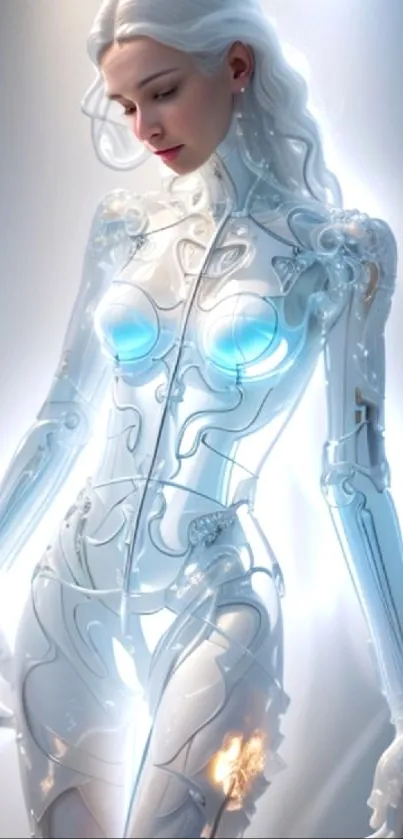 Futuristic cyborg with blue accents and intricate details on digital wallpaper.