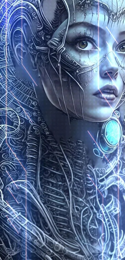 Intricate futuristic cyborg art with blue accents on a mobile wallpaper.