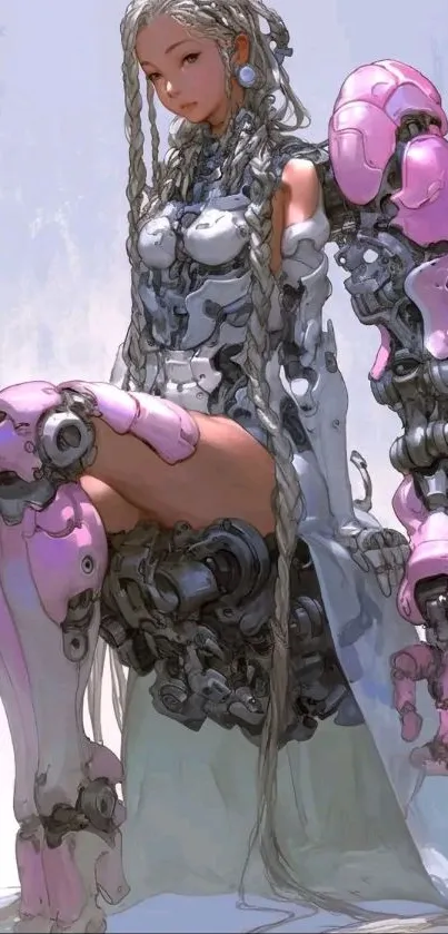 Artwork of a futuristic cyborg woman with pink mechanical armor.