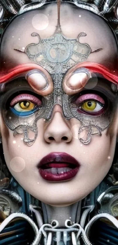 Futuristic cyborg face with intricate details and vibrant colors.