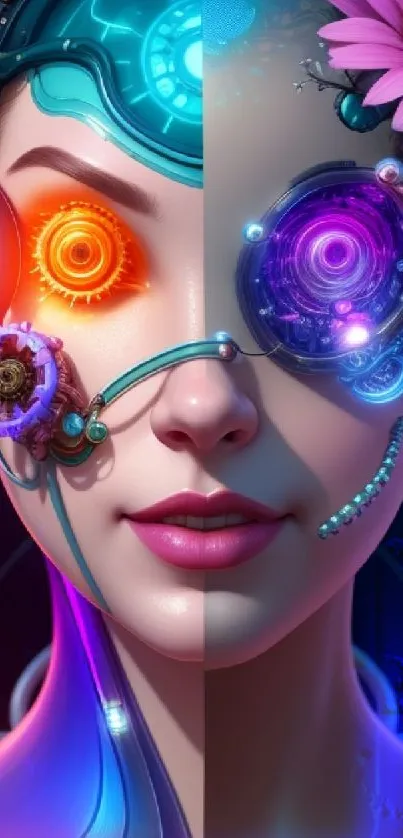 Futuristic cyborg with vibrant colors and digital details in a tech-themed wallpaper.