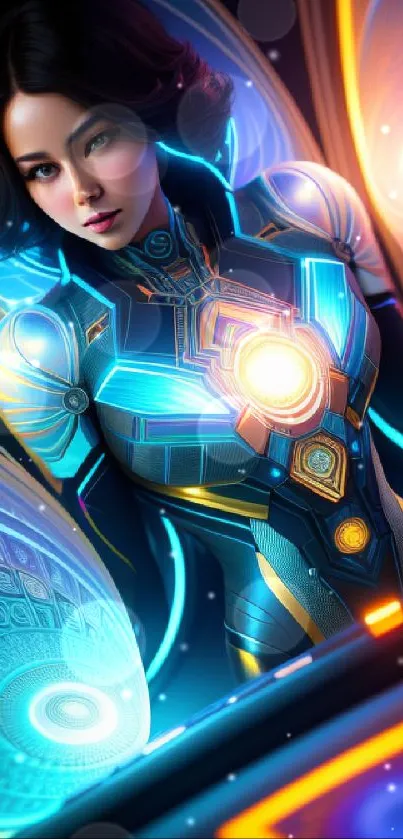 Futuristic cyborg with neon lights and vibrant colors in a digital artwork.