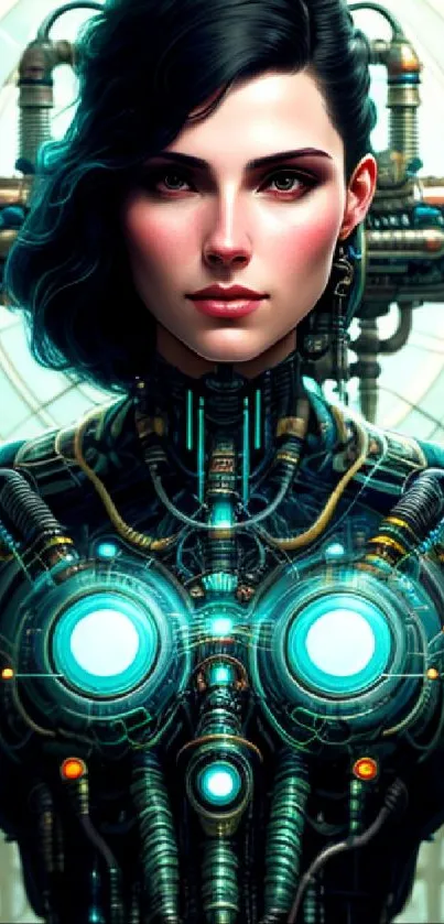 Futuristic cyborg art with neon elements on a mobile wallpaper.