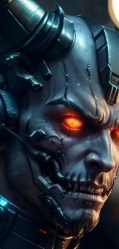Futuristic cyborg face with glowing eyes.