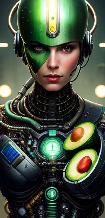 Futuristic cyborg woman with tech and organic elements in green hues.