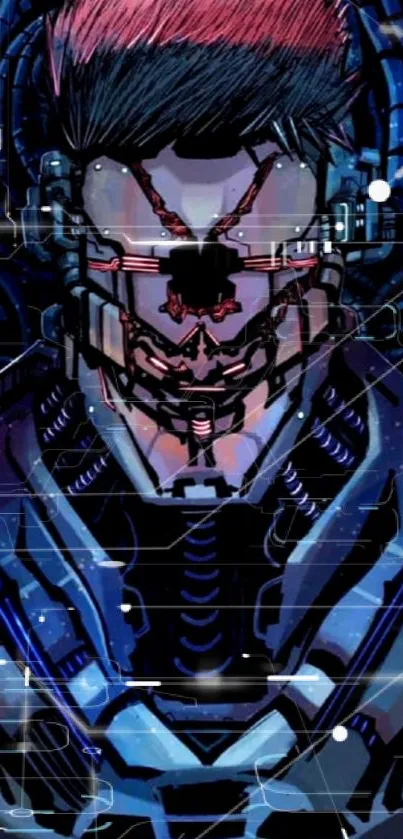 Futuristic cyborg art wallpaper with dark blue digital wires and vibrant colors.