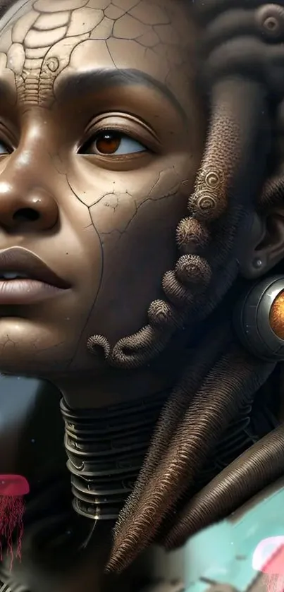 Futuristic cyborg portrait with intricate design elements.