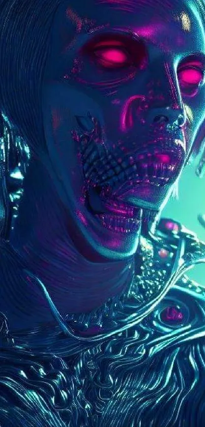 Futuristic cyborg with neon colors and intricate digital design.