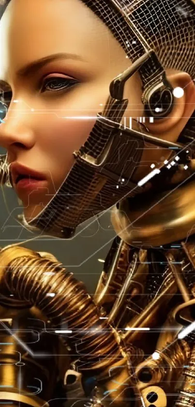 Futuristic cyborg artwork mobile wallpaper with intricate design elements.