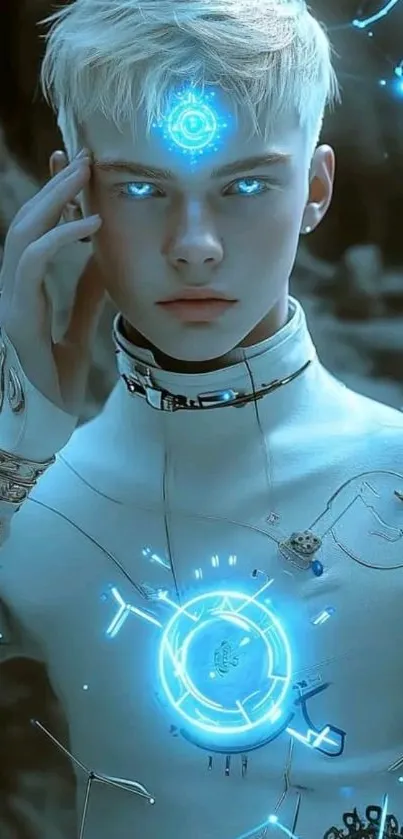 Futuristic cyborg with blue aura glowing.