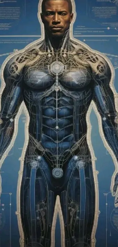 Futuristic cyborg with detailed blueprint on a blue background.