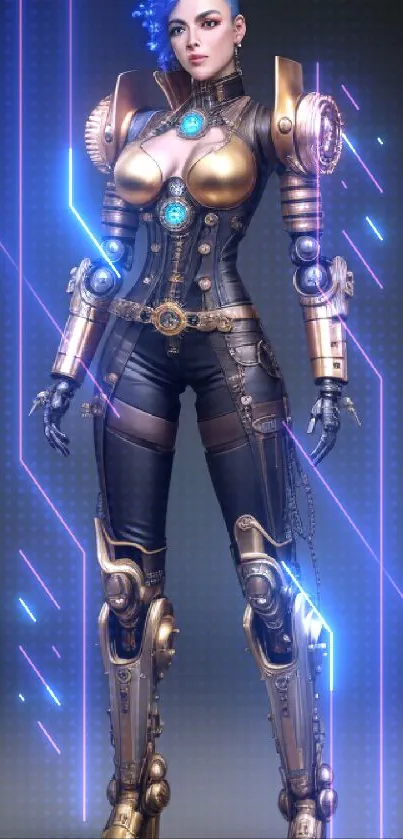 Futuristic cyborg character with golden armor and blue hair in steampunk style.
