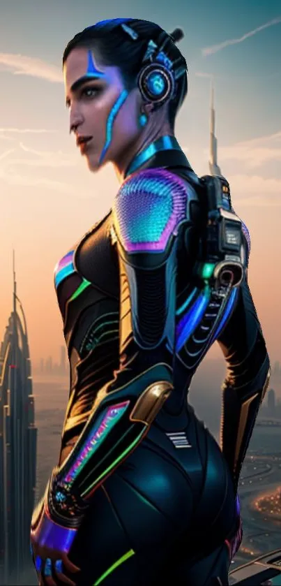 Futuristic cyborg overlooking cityscape at sunset.