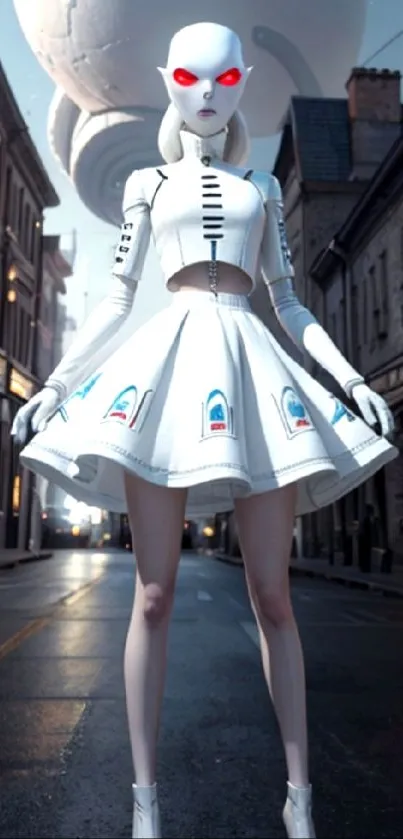 Futuristic cyborg in a white outfit standing on a city street at dusk.