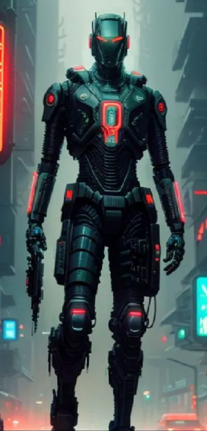 Cyborg warrior in neon city backdrop.