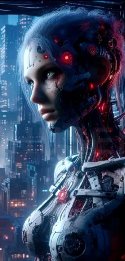 Cyborg in a futuristic neon-lit cityscape at night.
