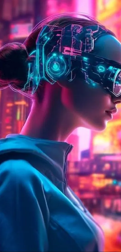 Futuristic cyborg woman in neon cityscape.