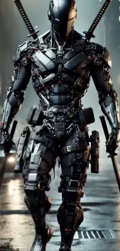 Futuristic cyborg warrior in cityscape at night.