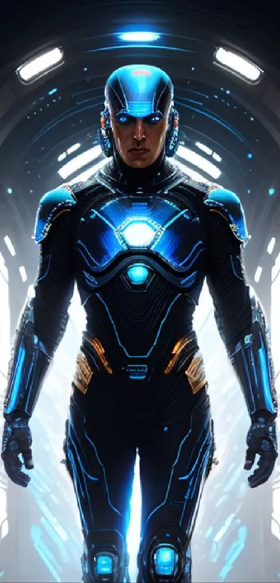 Futuristic cyborg in a sci-fi corridor with blue neon lights.