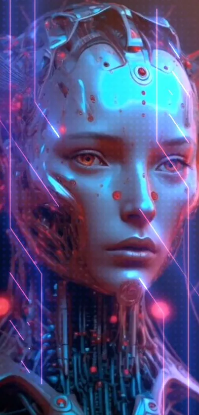 Futuristic cyborg digital art with blue tones and neon accents.