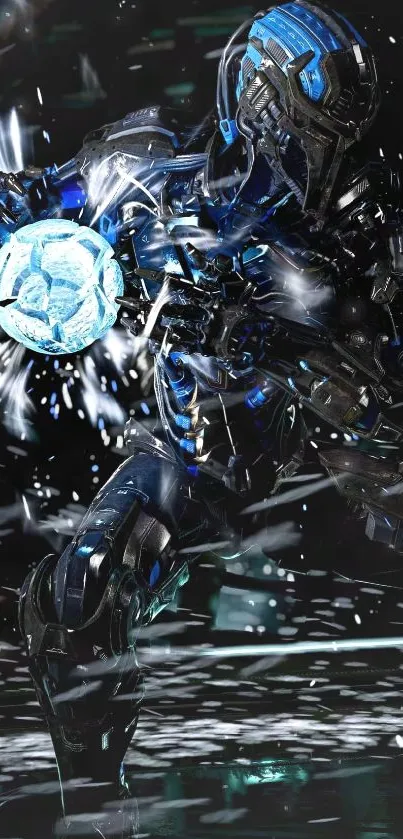 Cyborg unleashing energy burst with blue highlights.