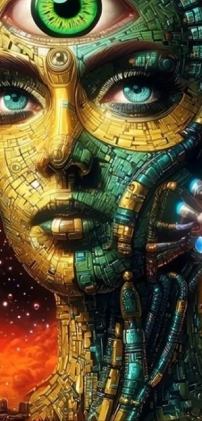 Futuristic cyborg art with a robotic eye and vibrant hues.