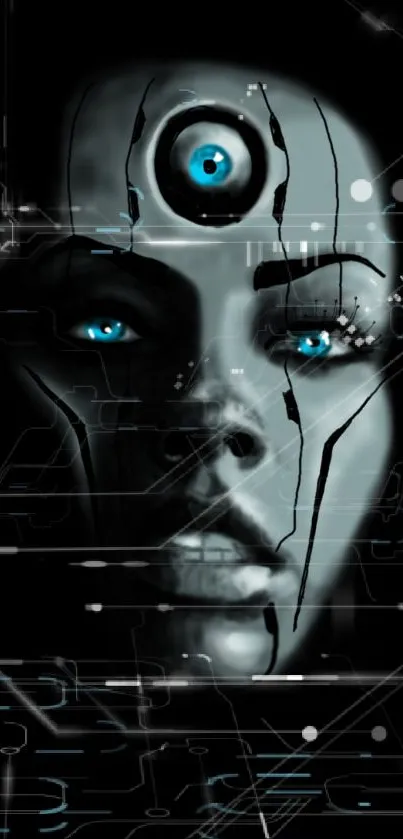 Futuristic cyborg with blue eyes and digital patterns.