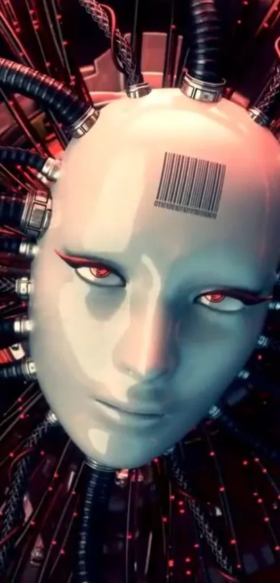 Futuristic cyborg face with cables and red eyes.