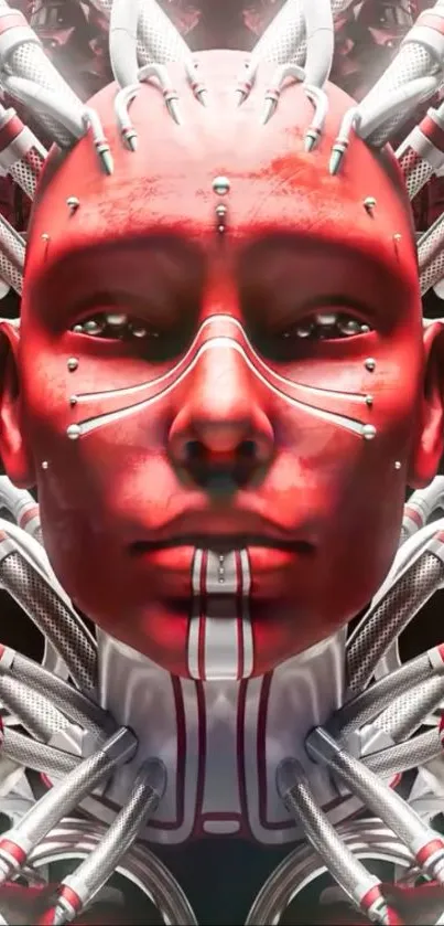 Futuristic cyborg face with intricate design and vibrant red tones.