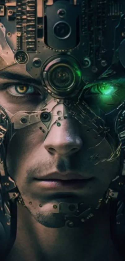 Futuristic cyborg with glowing green eye.