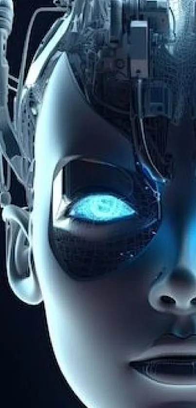 Futuristic robotic face with glowing blue eyes.