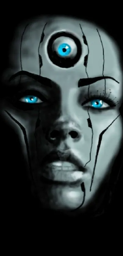 Futuristic cyborg face with glowing blue eyes.