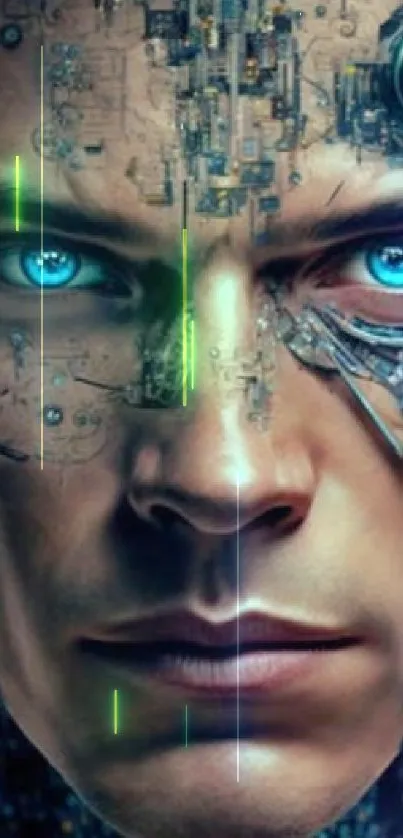 Futuristic cyborg face with digital features and bright blue eyes.