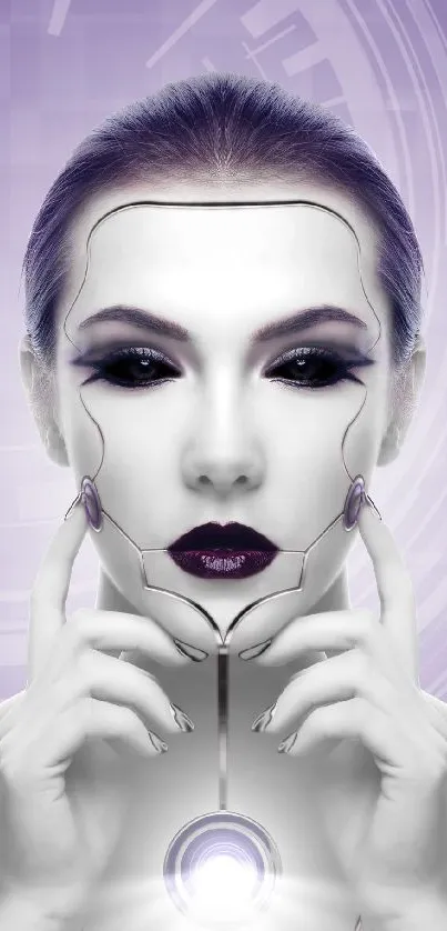 Futuristic purple cyborg face wallpaper for mobile devices.