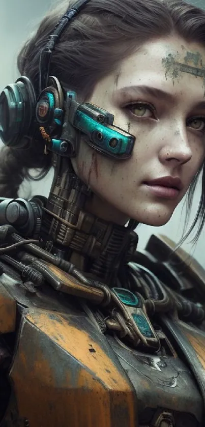 Cyborg woman in futuristic armor with robotic enhancements.