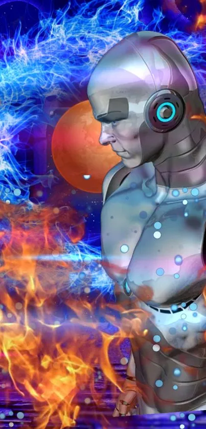 Futuristic cyborg engulfed in colorful flames and cosmic surroundings.