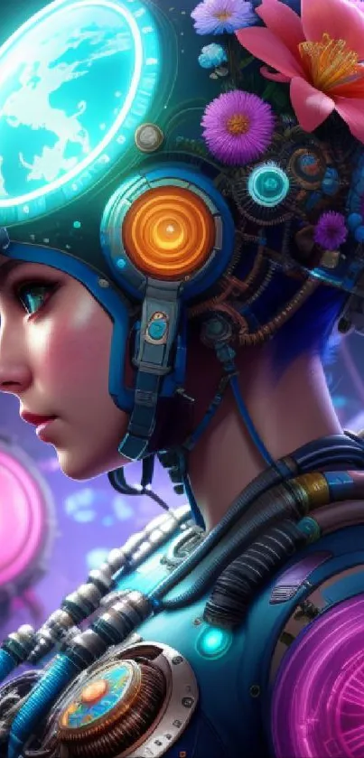Futuristic cyborg with floral helmet digital art wallpaper.